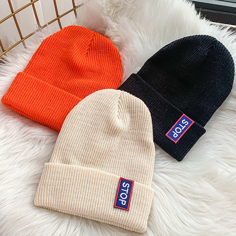 Autumn and winter adult candy color label knitted hat