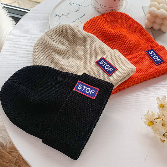 Autumn and winter adult candy color label knitted hat